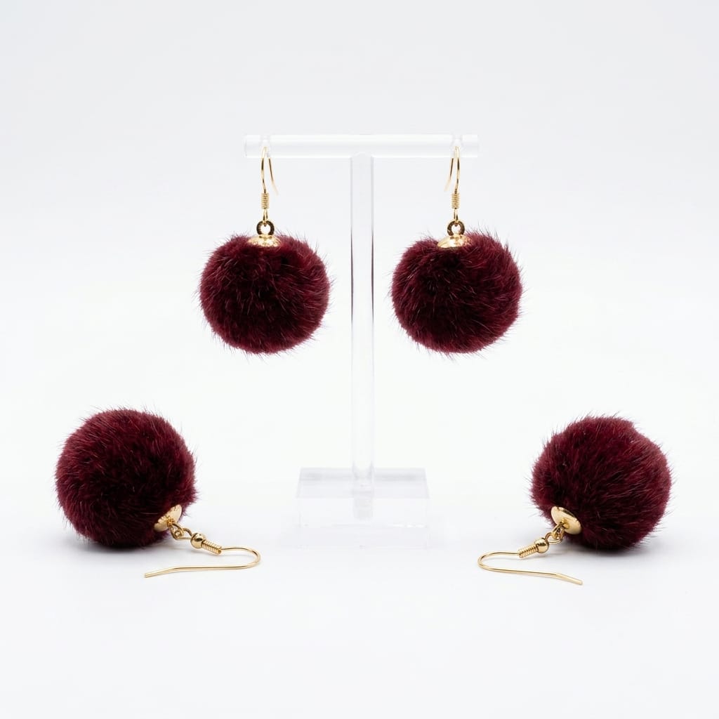 Elegant Burgundy Faux Fur Pom-Pom Drop Earrings with Gold-Tone Hooks
