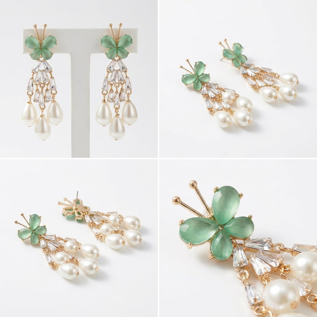 Elegant Butterfly Motif Cubic Zirconia and Faux Pearl Chandelier Earrings