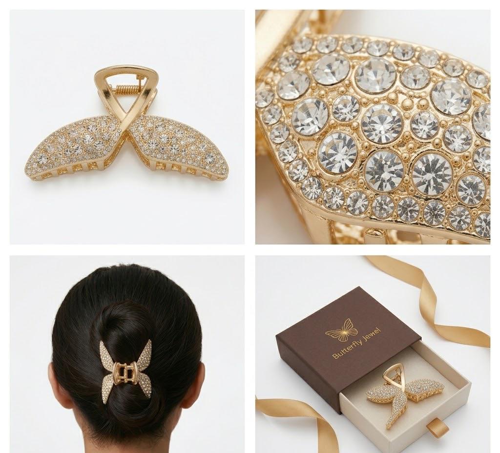 Butterfly Jewel Rhinestone-Embellished Gold-Tone Hair Claw