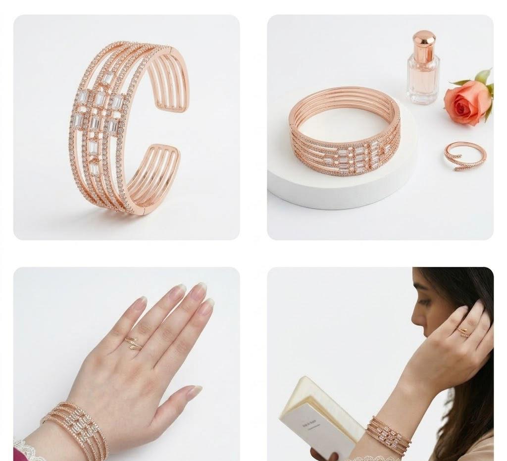 Elegant Rose Gold-Tone Multi-Layered Cuff Bracelet with Baguette Crystal Detailing