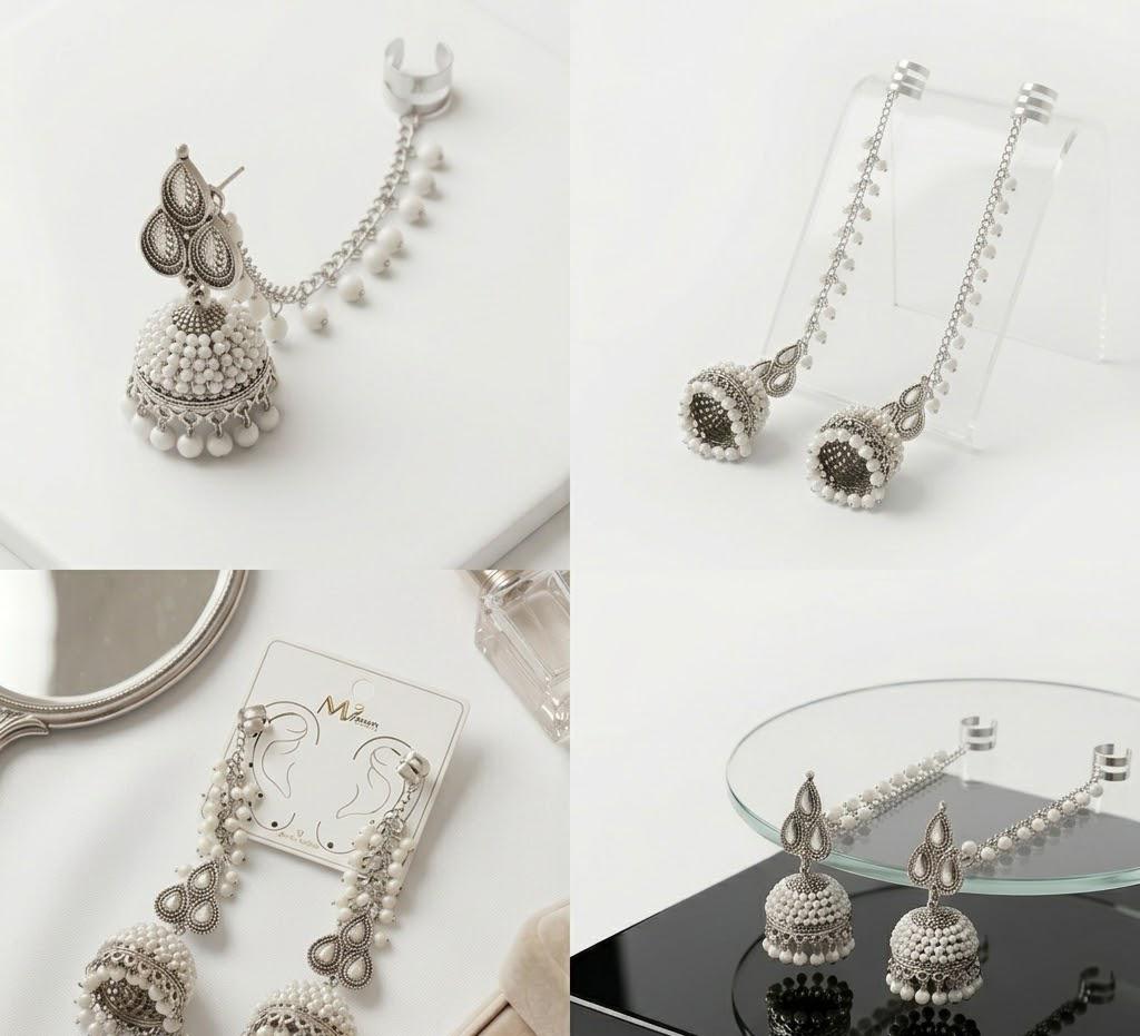 Oxidized Silver-Tone Jhumka Earrings with Attached Ear Cuff and Pearl Detailing