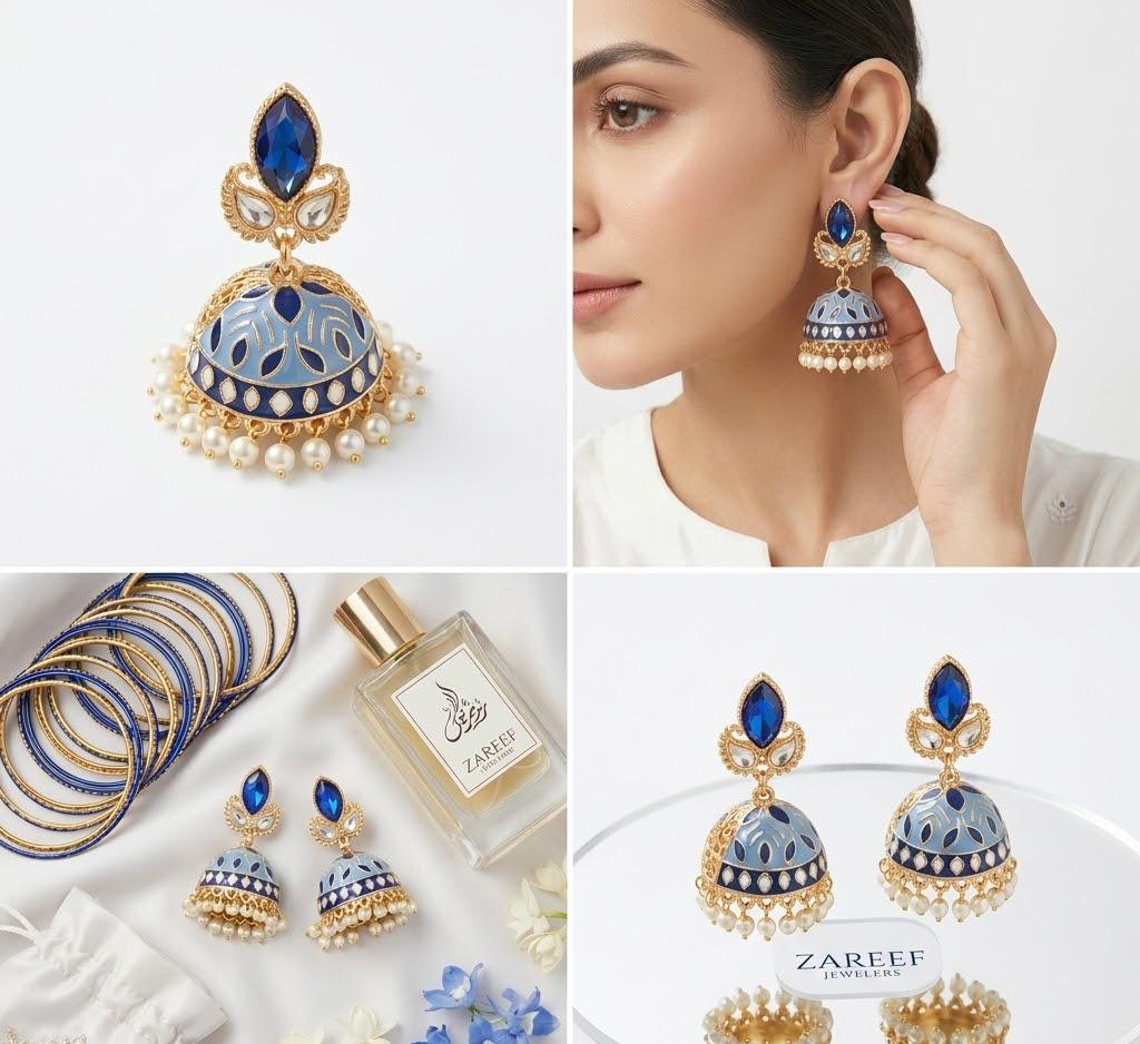 Elegant Enamelled Blue and Gold-Tone Jhumka Earrings by Zareef Jewelers