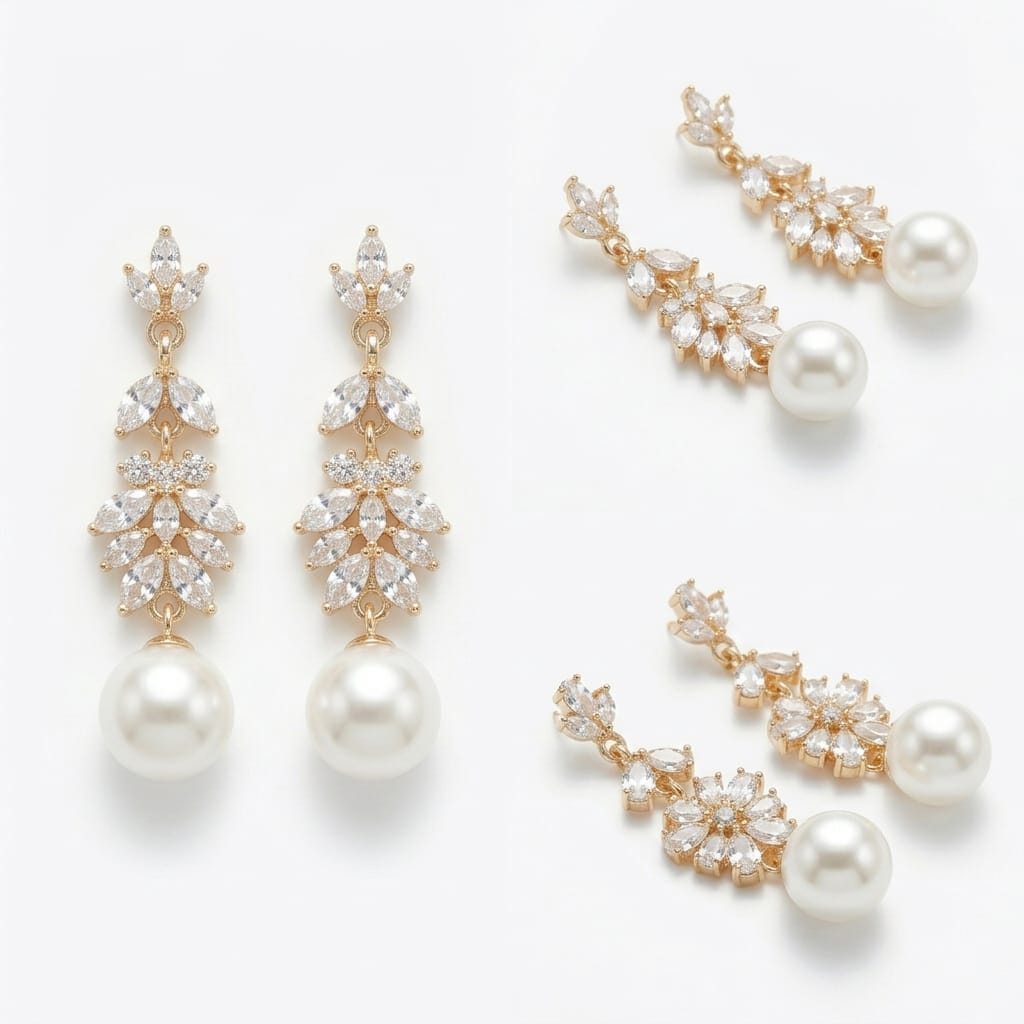 Silver-Tone Cubic Zirconia and Faux Pearl Drop Earring Set.