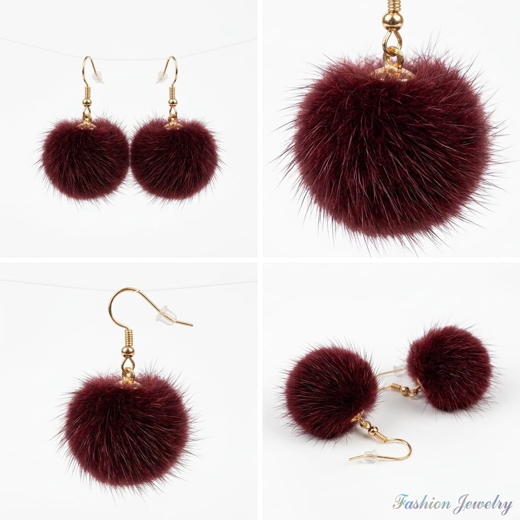 Elegant Burgundy Faux Fur Pom-Pom Drop Earrings with Gold-Tone Hooks