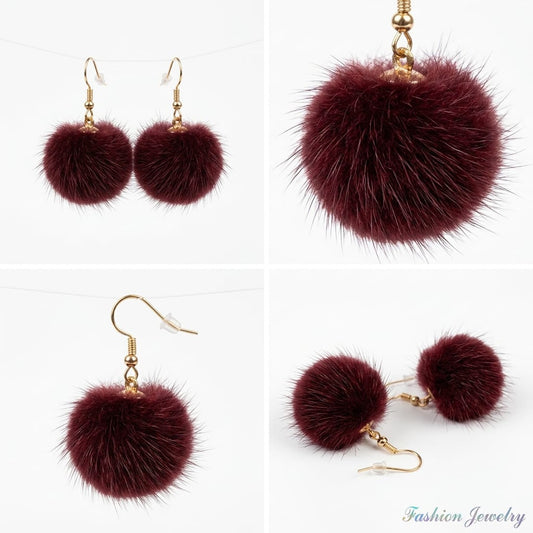 Elegant Burgundy Faux Fur Pom-Pom Drop Earrings with Gold-Tone Hooks