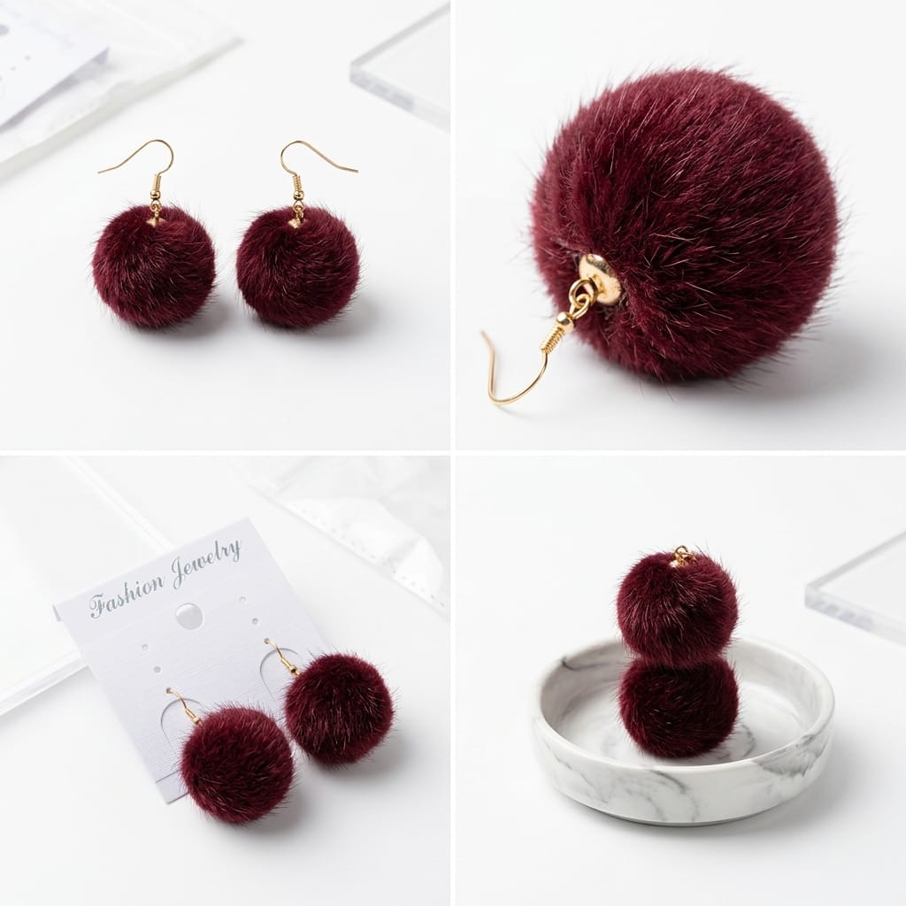 Elegant Burgundy Faux Fur Pom-Pom Drop Earrings with Gold-Tone Hooks