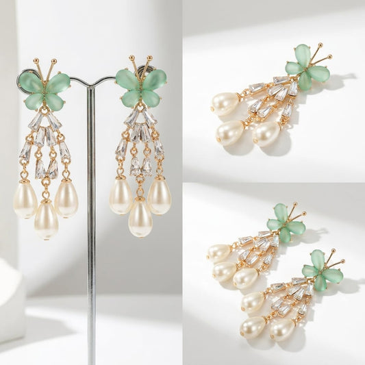 Elegant Butterfly Motif Cubic Zirconia and Faux Pearl Chandelier Earrings