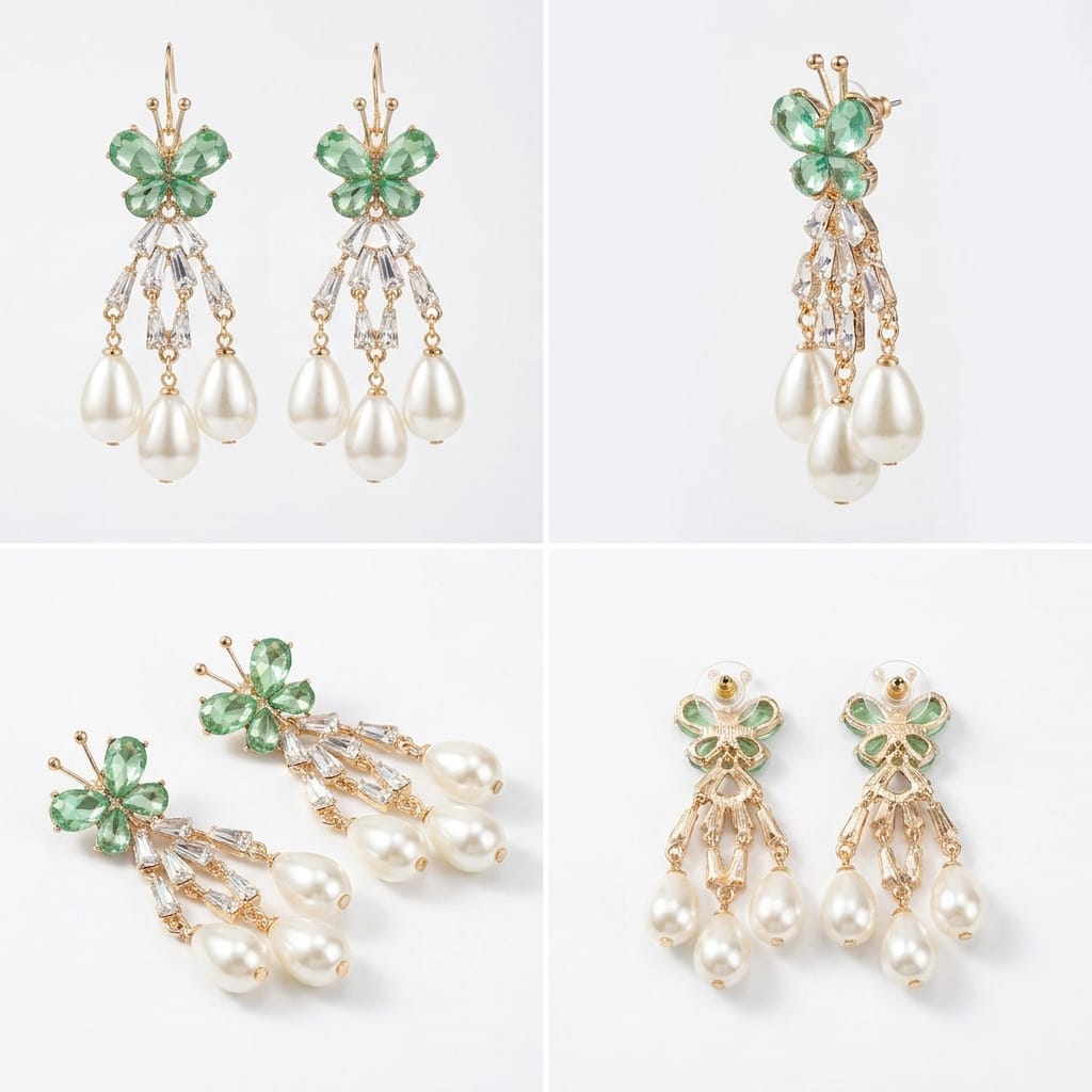 Elegant Butterfly Motif Cubic Zirconia and Faux Pearl Chandelier Earrings