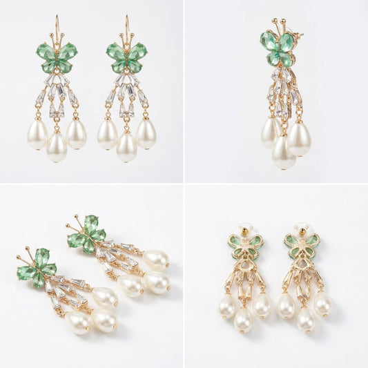Elegant Butterfly Motif Cubic Zirconia and Faux Pearl Chandelier Earrings