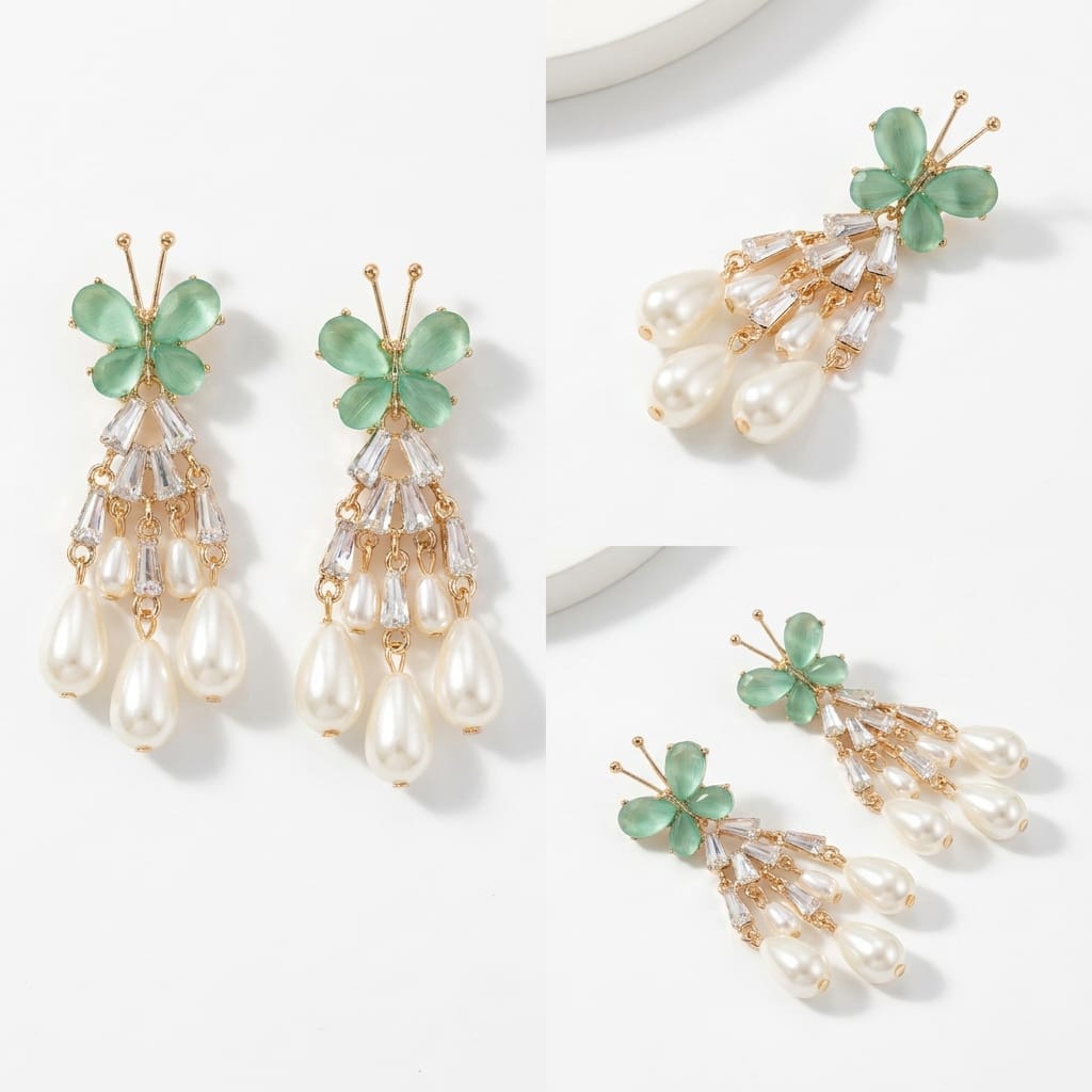 Elegant Butterfly Motif Cubic Zirconia and Faux Pearl Chandelier Earrings